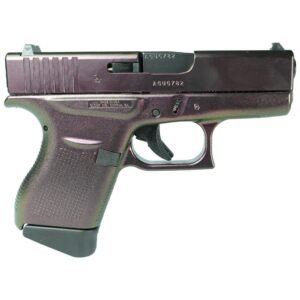 Metallic purple handgun on a white background.