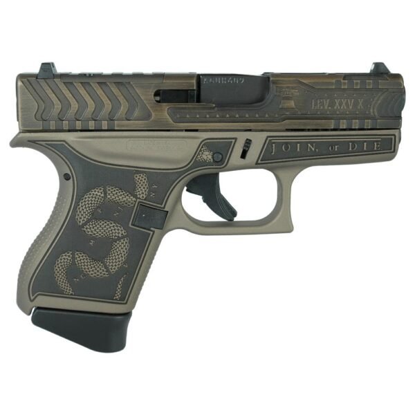 Handgun with bronze and black finish, featuring detailed engravings of a snake and "join, or die" text on the grip.