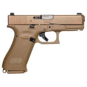 Tan glock handgun with textured grip, black trigger, and slide markings.