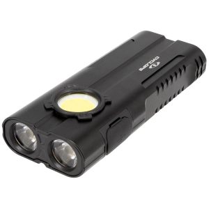 Black Cyclops flashlight with dual LED lenses and central light, featuring a compact, rectangular design and USB charging port on the side.