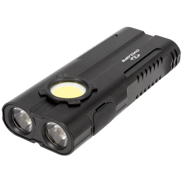 Black cyclops flashlight with dual led lenses and central light, featuring a compact, rectangular design and usb charging port on the side.