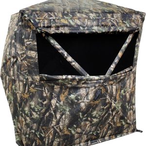 Camouflage outdoor hunting blind with leaf and branch pattern, featuring an open rectangular window at the front.