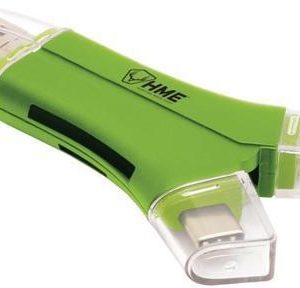 A green and black HME digital card reader with multiple connectors and transparent protective caps.