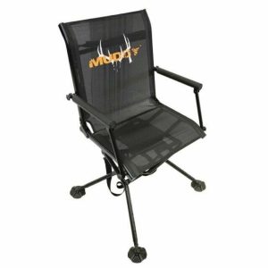 Black swivel hunting chair with armrests and orange Muddy logo featuring deer antlers on the backrest.