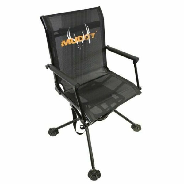 Black swivel hunting chair with armrests and orange muddy logo featuring deer antlers on the backrest.