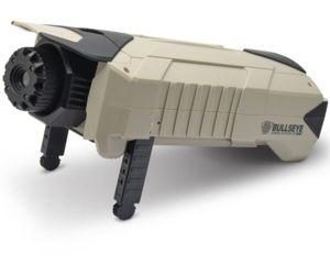 Beige and black gun-shaped carrying case with adjustable support legs, labeled "Bulls Eye."