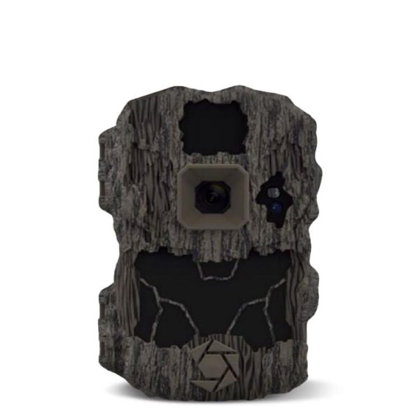 Camouflage hunting camera with a rugged, textured exterior and lens, against a plain backdrop.