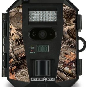 Camo-patterned Stealth Cam trail camera with black casing, featuring an LED light array and a digital display.