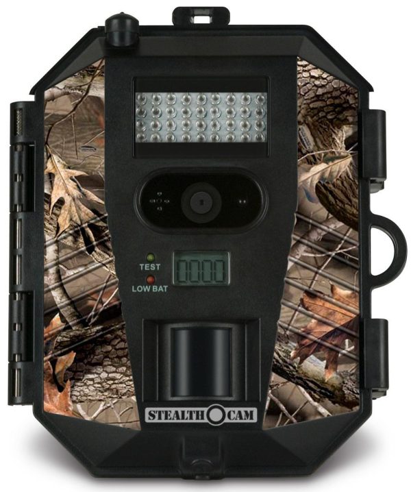 Camo-patterned stealth cam trail camera with black casing, featuring an led light array and a digital display.