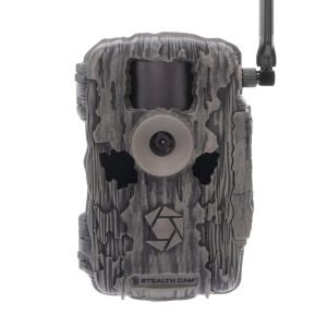A camouflage-patterned Stealth Cam with antenna, featuring a textured gray and black design.