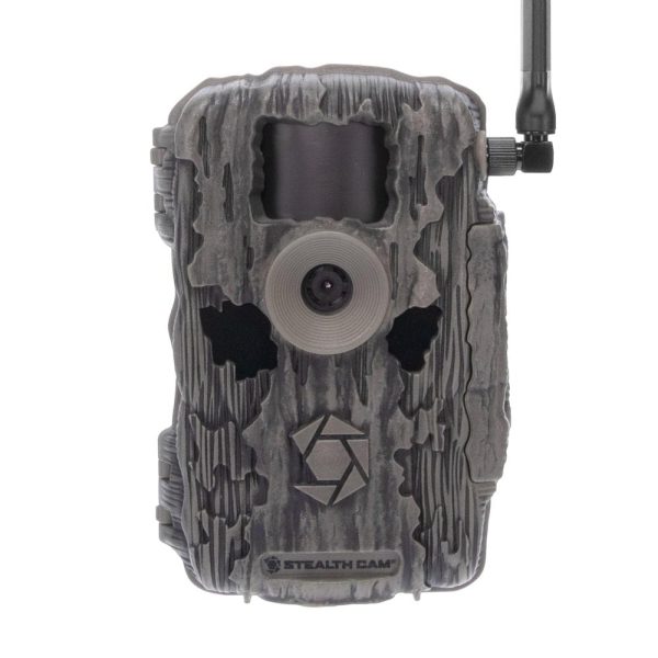 A camouflage-patterned stealth cam with antenna, featuring a textured gray and black design.