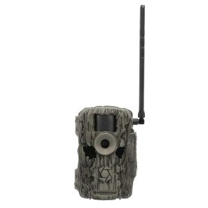 Camo-patterned trail camera with an antenna, featuring a textured green and gray exterior.
