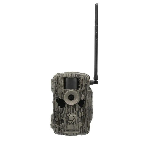 Camo-patterned trail camera with an antenna, featuring a textured green and gray exterior.