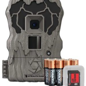 Trail camera with a camouflage design, featuring a black lens area, accompanied by four copper-top Duracell batteries and a 16GB SD card.