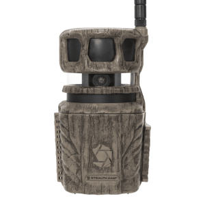 Stealth Cam trail camera in a camouflage pattern with black lens elements.