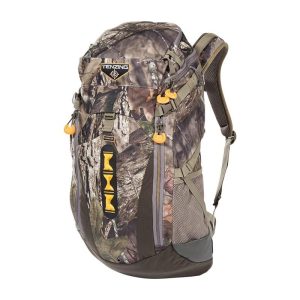 Camo backpack with hunter's pattern, yellow accents, side mesh pockets, and "Tenzing" logo.