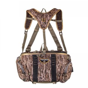Camo pattern Tenzing hunting bag with multiple compartments, brown and olive green, front view.