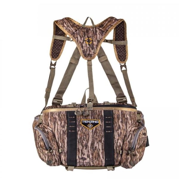Camo pattern tenzing hunting bag with multiple compartments, brown and olive green, front view.