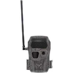 Gray camouflage trail camera with a black antenna and textured exterior.
