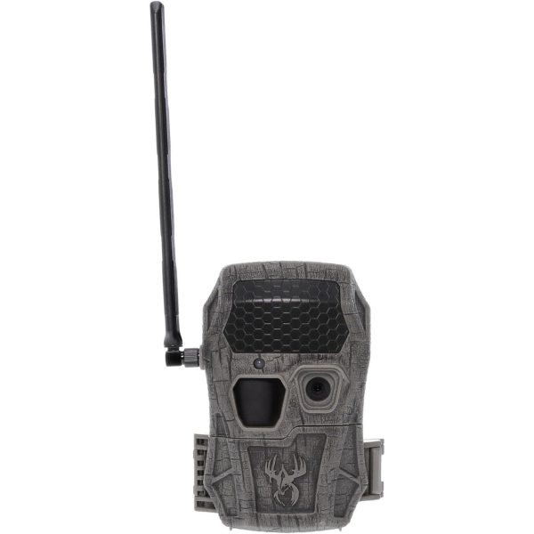 Gray camouflage trail camera with a black antenna and textured exterior.