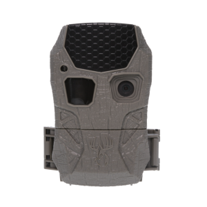 Gray trail camera with textured surface and black honeycomb pattern on top, featuring lens and sensor.
