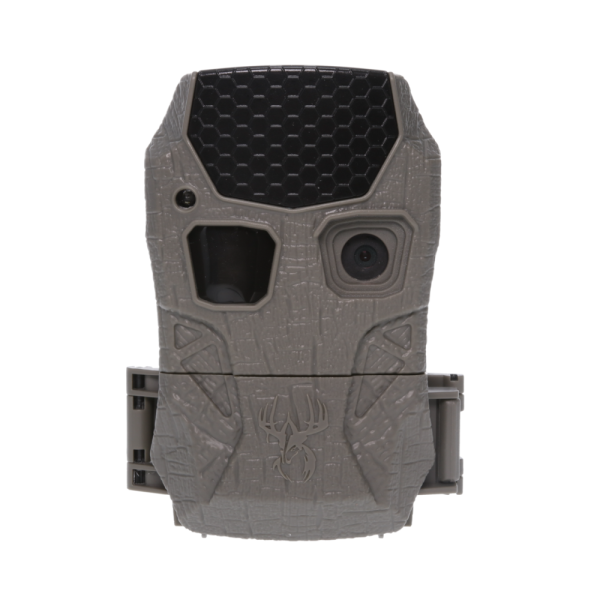 Gray trail camera with textured surface and black honeycomb pattern on top, featuring lens and sensor.