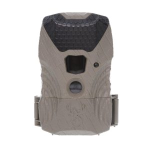 A beige trail camera with textured surface and a black hexagon-patterned top, featuring a lens and sensor, with a deer emblem embossed on the front.