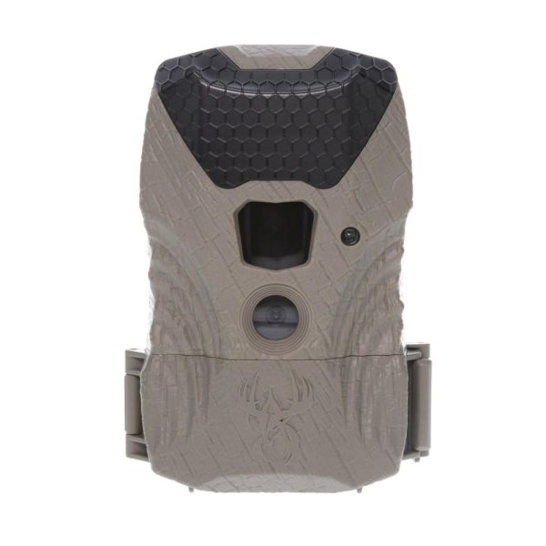 A beige trail camera with textured surface and a black hexagon-patterned top, featuring a lens and sensor, with a deer emblem embossed on the front.