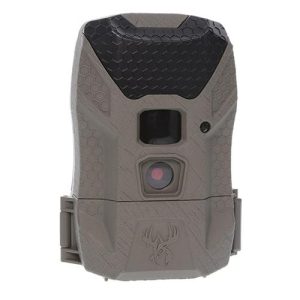 Gray and black trail camera with honeycomb texture and deer logo design.
