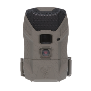 Brown and black trail camera with hexagonal textured design and deer emblem.