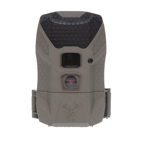 Brown and black trail camera with hexagonal textured design and deer emblem.
