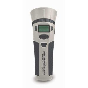 A gray and black electronic hunting call device with a digital screen, labeled "Western Rivers Mantis 25 Turkey."