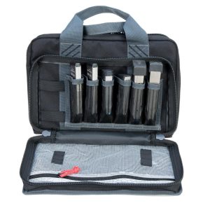 Black gun and ammo bag with multiple magazines, featuring gray handles and mesh pocket, open for display.