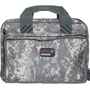 Gray digital camouflage gun bag with "G.P.S." logo, sturdy green handles, and multiple zippered compartments.