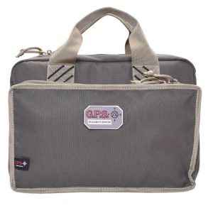 Gray firearms and ammo bag with beige handles and trim, featuring a G.P.S. logo patch on the front.