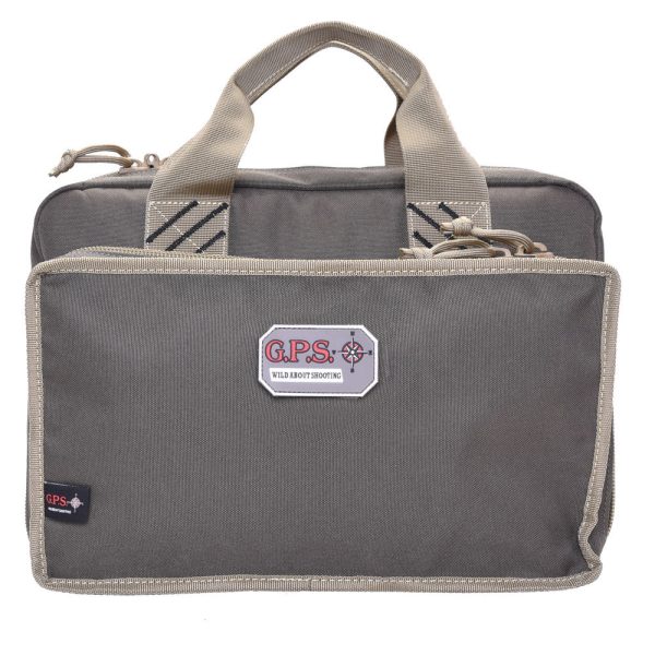 Gray firearms and ammo bag with beige handles and trim, featuring a g. P. S. Logo patch on the front.