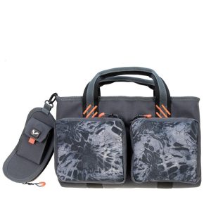 Gray tactical bag with two camo-patterned front pockets and orange zipper accents, featuring an attached gray accessory pouch; related to firearms and ammo use in Casey, Iowa.