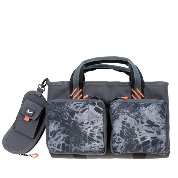 Gray tactical bag with two camo-patterned front pockets and orange zipper accents, featuring an attached gray accessory pouch; related to firearms and ammo use in casey, iowa.