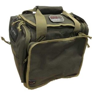 Green and khaki gun range bag with multiple zippered compartments, featuring a logo patch, ideal for firearms and ammo storage, associated with Casey, Iowa.