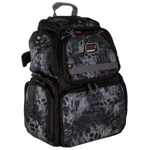 Gray and black tactical backpack with multiple compartments, featuring G.P.S. branding, designed for firearms and ammo storage.