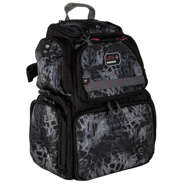 Gray and black tactical backpack with multiple compartments, featuring g. P. S. Branding, designed for firearms and ammo storage.