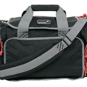 Black and gray firearms and ammo bag with red accents and adjustable shoulder strap.