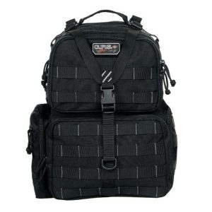 Black tactical firearm backpack with multiple zippered compartments and strap closures, featuring a GPS logo patch on the front.
