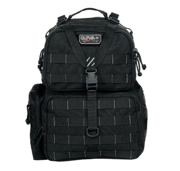 Black tactical firearm backpack with multiple zippered compartments and strap closures, featuring a gps logo patch on the front.