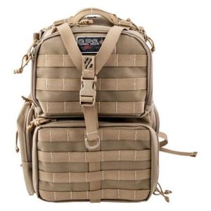 Tan tactical backpack with multiple compartments and MOLLE webbing, featuring a GPS brand logo.