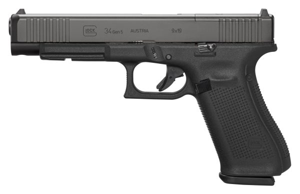 Black glock 34 gen 5 9x19 semi-automatic pistol on a white background.