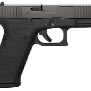 Black handgun with textured grip, lateral view.