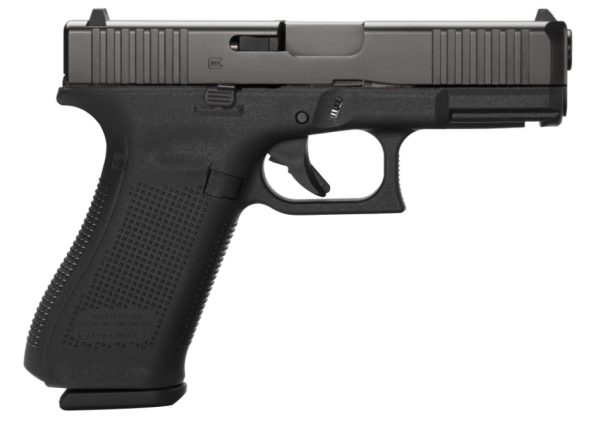 Black handgun with textured grip, lateral view.
