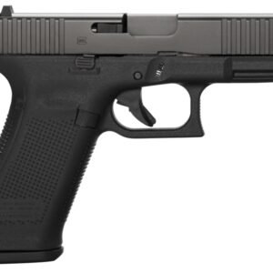 Black handgun with a textured grip and matte gray slide, displaying a semi-automatic design.