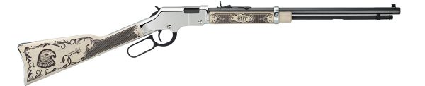 A silver and black lever-action rifle with engraved designs on the wooden stock and forearm.